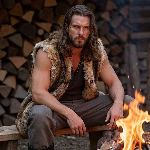 Photograph of a muscular man with long brown hair, beard, and fur vest, sitting by a roaring fire, in front of stacked firewood.