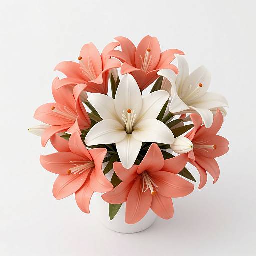 Photograph of a white vase filled with a mixed bouquet of red and white lilies, set against a stark white background.