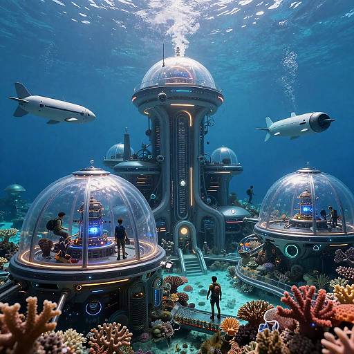 Photorealistic CGI of an underwater futuristic city with dome-shaped habitats, coral reefs, and flying fish, illuminated by soft blue lights.