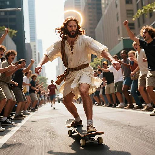 Jesus Skateboards Through Bustling City