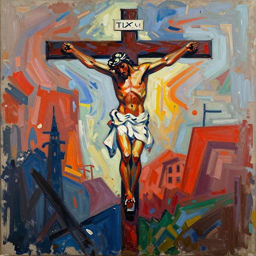 Vibrant oil painting of crucified Jesus with a white loincloth, arms outstretched, against a dynamic, colorful urban background. 