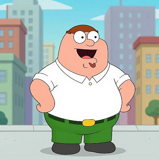 Cartoon obese man with round face, short brown hair, glasses, white shirt, green pants, smiling, standing on city street, colorful buildings background