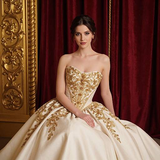 Photograph of a beautiful woman with fair skin and dark hair, wearing an elegant strapless, cream-colored ball gown with intricate gold embroidery, standing against