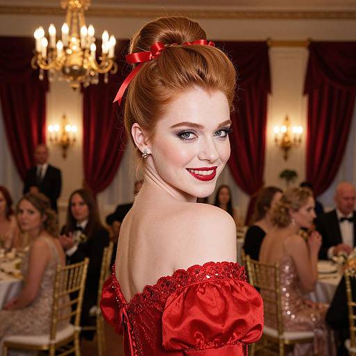 Photograph of a smiling red-haired woman in an off-the-shoulder red dress with a red bow, in an elegant, dimly lit ball