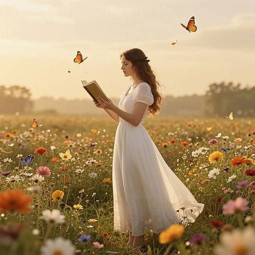 Photograph of a woman in a white, flowing dress reading a book in a sunlit meadow, surrounded by colorful flowers and fluttering butterflies.