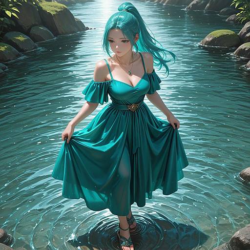 Woman in Aqua Dress Standing in Water
