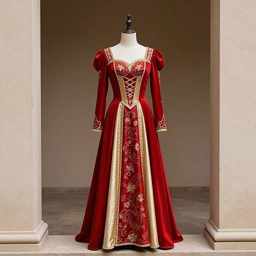 Photograph of a red velvet Renaissance-style gown with gold embroidery, puffed sleeves, and lace-up bodice, displayed on a mannequin in