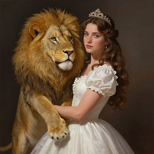 Digital painting of a fair-skinned brunette princess in a white lace dress, tiara, and diamond earrings, holding a regal lion against a dark