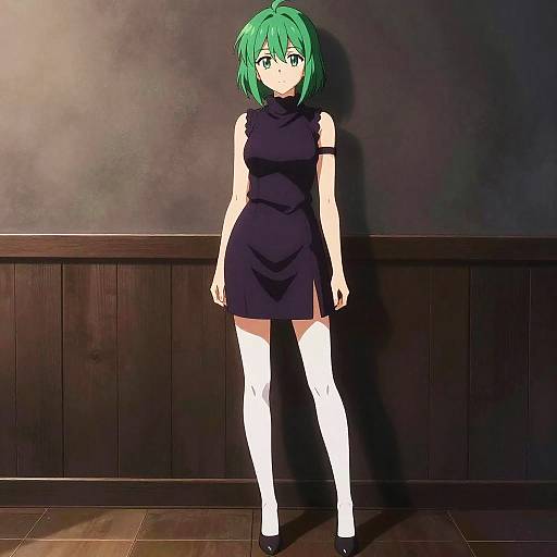 Anime-style digital drawing of a green-haired girl with large eyes, wearing a black sleeveless dress, white thigh-high socks, and black shoes, standing