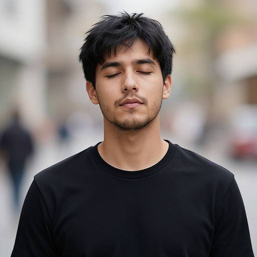 Photograph of a young South Asian man with black hair, closed eyes, and trimmed beard, wearing a black shirt, standing in a blurred urban street