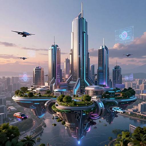 CGI futuristic cityscape with neon-lit skyscrapers, floating islands, flying drones, and holographic interfaces against a pink-orange sunset sky.