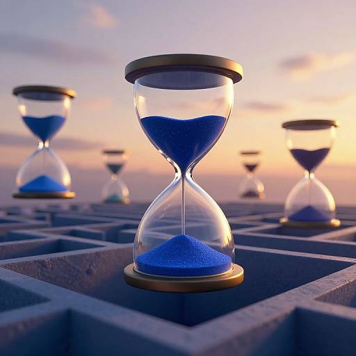 Photograph of multiple hourglasses with blue sand, set on a grid, against a sunset sky. Foreground hourglass in sharp focus, background