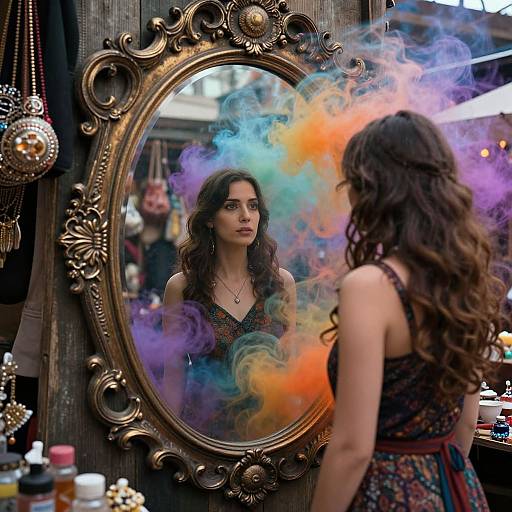 Photograph of a woman with long curly brown hair, standing before an ornate gold mirror, surrounded by colorful smoke, in a vintage-style shop.