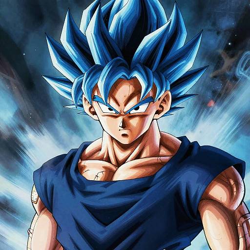 Digital artwork of Super Saiyan Son Goku with blue spiky hair, intense blue eyes, and a dark blue shirt, glowing with energy against a cosmic