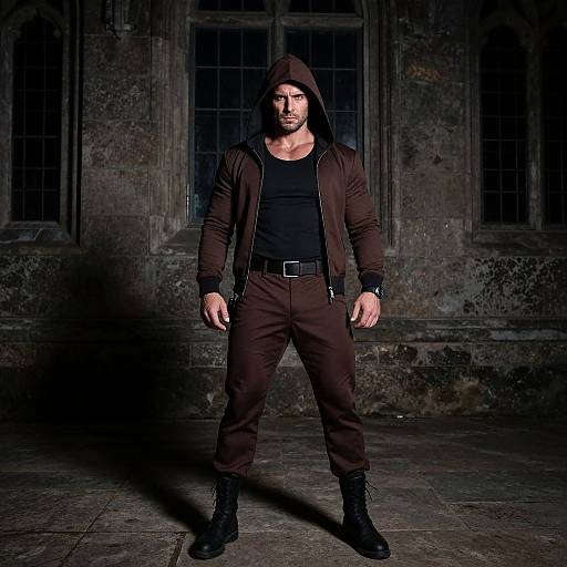 Photograph of a muscular man with dark hair, beard, wearing a black hoodie, brown jacket, and pants, standing confidently in a dimly lit