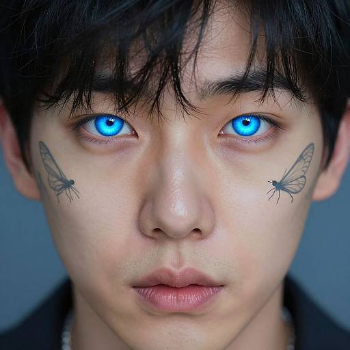 Close-up photograph of an Asian man with striking blue glowing eyes, black hair, and butterfly tattoos on his cheeks, against a gray background.