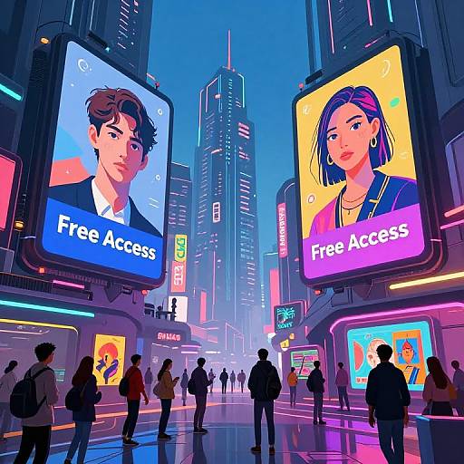 Neon-lit cityscape with large digital billboards advertising 