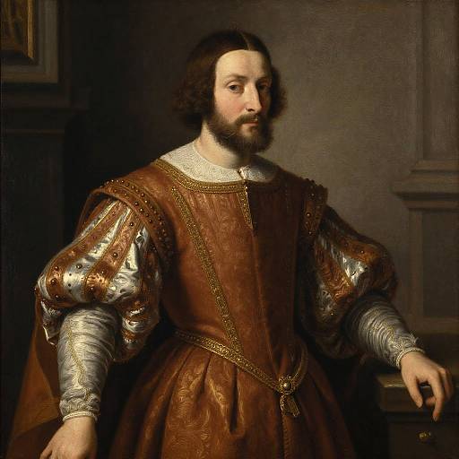 Renaissance portrait of bearded man with long brown hair, wearing ornate brown velvet doublet over silver puffed sleeves, dark background.