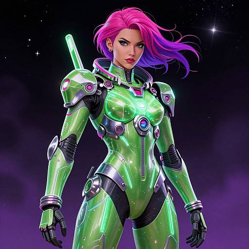 Digital artwork of a fierce, pink-haired woman with purple highlights in a shiny, green, futuristic armored suit against a starry night sky.