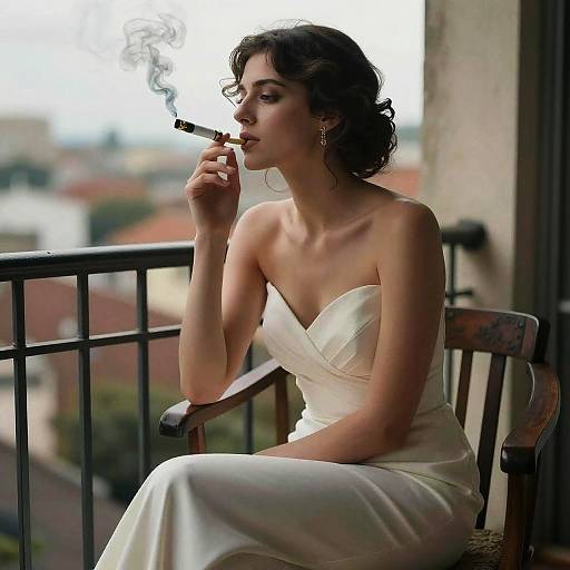 Photograph of a woman with wavy dark hair, wearing a strapless white dress, smoking a cigarette on a balcony, with blurred cityscape background