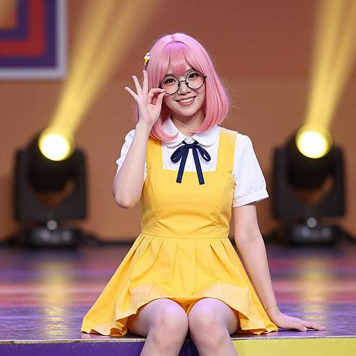 Photograph of a smiling Asian woman with pink bob hair, glasses, yellow dress, white shirt, and black bow, waving on stage under bright lights