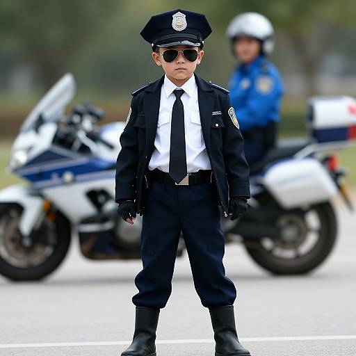 Photograph: Young boy in detailed police uniform with sunglasses, black hat, and tie, standing confidently in front of blurred police motorcycles and another officer in