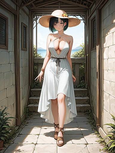 Young Woman in White Halter Dress and Sun Hat