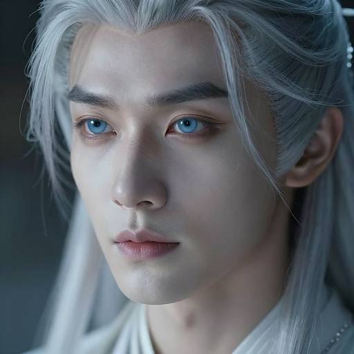 Close-up digital portrait of a young, fair-skinned male with striking blue eyes, long silver hair, and a serious expression, illuminated by soft blue