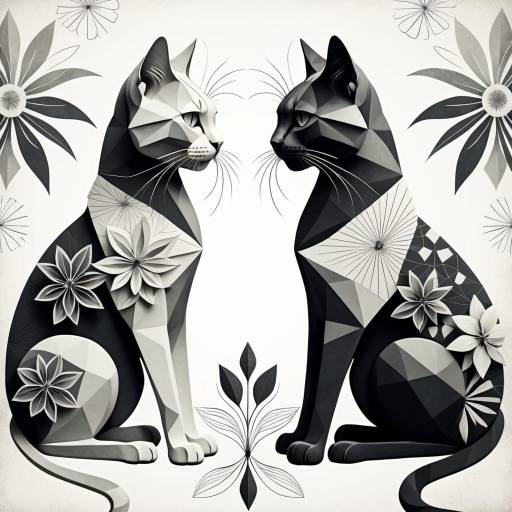 Geometric Cats in Vintage Monochrome Style