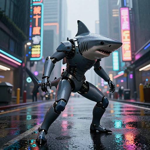 Photorealistic CGI of a metallic shark-human hybrid robot walking in a neon-lit, rainy urban street at night.
