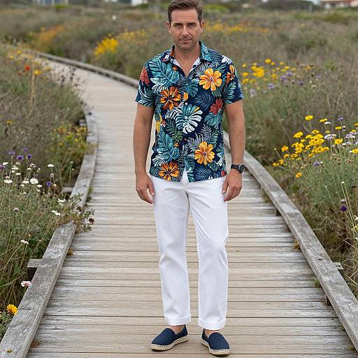 Photograph of a man in a floral shirt, white pants, and navy shoes standing on a wooden pathway lined with flowers.