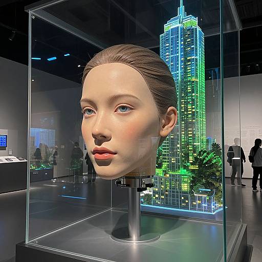 Digital artwork: Hyper-realistic head sculpture with fair skin, blue eyes, and slicked-back brown hair, displayed in a glass case with a neon