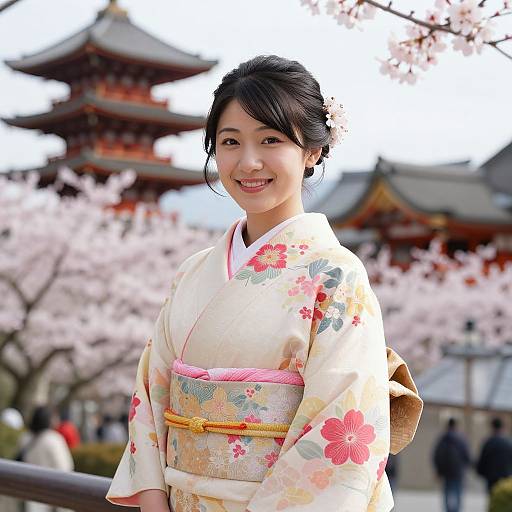 Photograph of a smiling Japanese woman in a floral kimono, standing in front of cherry blossom trees with traditional temple buildings in the background.