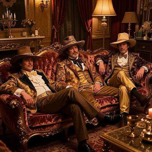 Three men in elaborate, gold-trimmed Victorian-era suits and wide-brimmed hats lounge on a red velvet couch in a warmly lit, orn