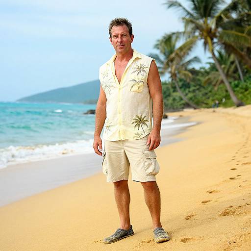 Photograph of a middle-aged man with short brown hair, wearing a white floral shirt and shorts, standing on a sunny, tropical beach with palm trees