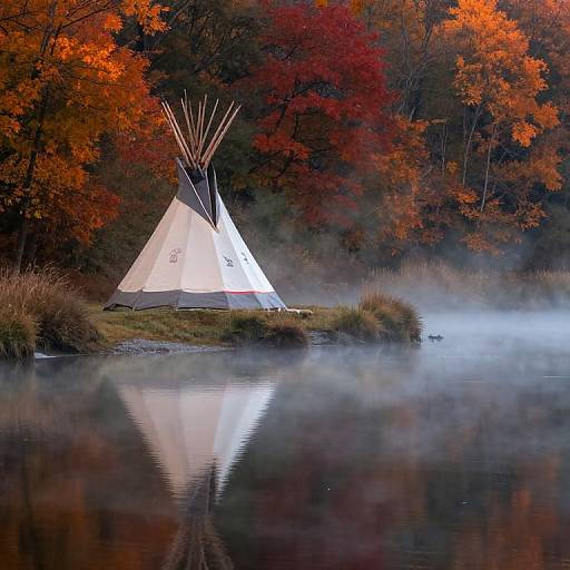 Photograph of a white tipi tent with black stripes, surrounded by foggy water and autumn-colored trees, reflecting in the calm lake.