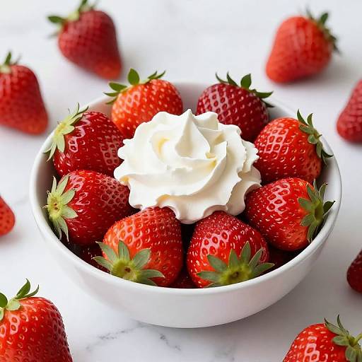 Photograph of a white bowl filled with bright red, fresh strawberries, topped with a large dollop of white whipped cream. Surrounding strawberries on a