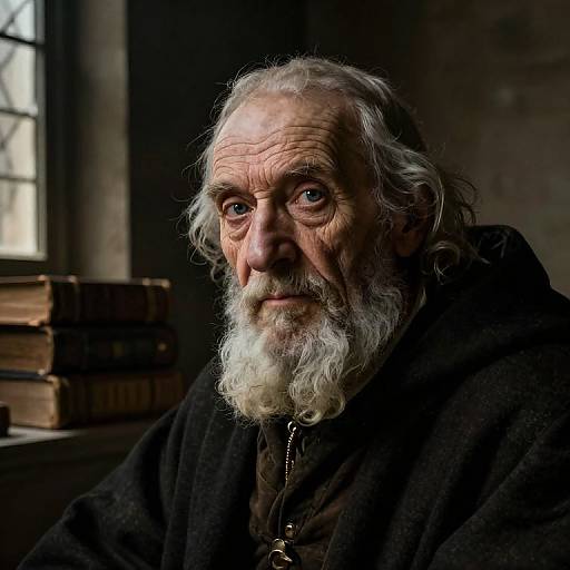 Photograph of an elderly man with white hair and beard, wearing a dark robe, sitting in a dimly lit room with stacked books and a window