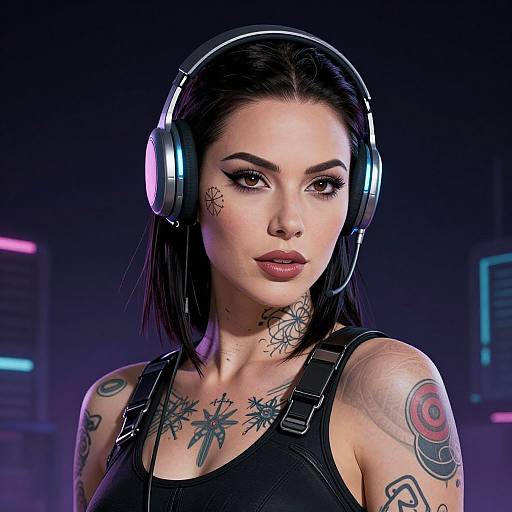 Photograph of a tattooed woman with black hair, wearing silver headphones, black tank top, and intense gaze, in a neon-lit background.