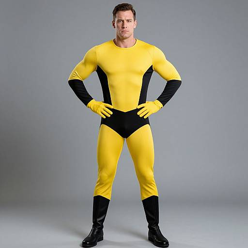 Photograph of a muscular Caucasian man in a yellow and black superhero suit, standing with hands on hips, wearing gloves and boots, against a plain gray