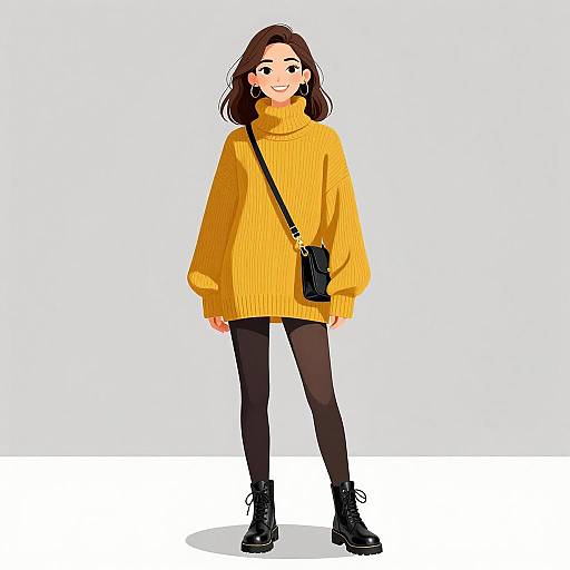 Smiling Woman in Oversized Mustard Sweater