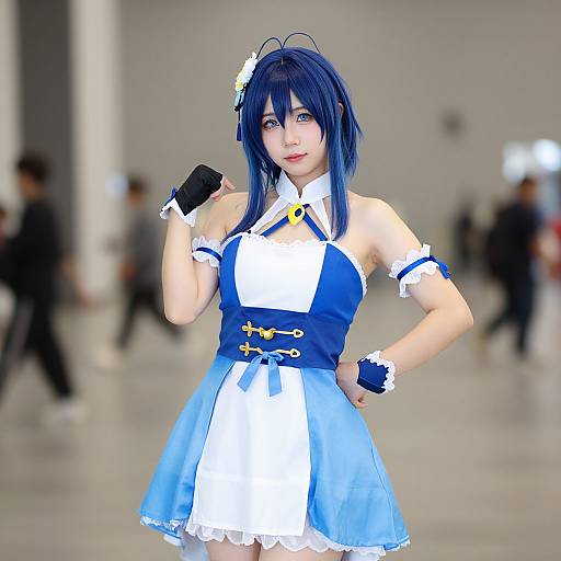 CGI image of a blue-haired anime girl in a blue and white maid outfit, black gloves, and white flower hairpin, posing confidently in a