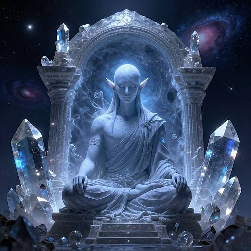 Digital artwork of a blue-illuminated, bald, elven figure with pointed ears, sitting cross-legged on a crystal throne, surrounded by glowing