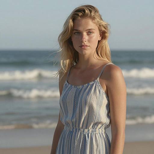 Blonde Woman in Sundress at Beach