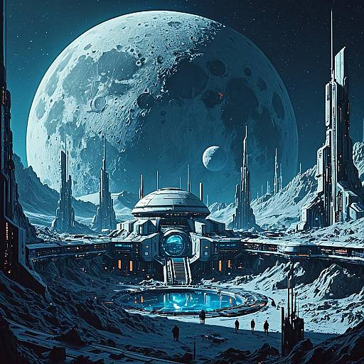 Futuristic Moon Colony with Giant Moon in Background