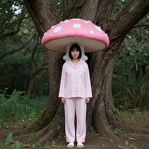 Girl in Pink Mushroom Costume Outdoors