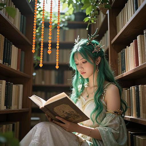 Photograph-style digital art: Elven woman with green hair, white dress, and crown-like headpiece reads book in sunlit library, surrounded by