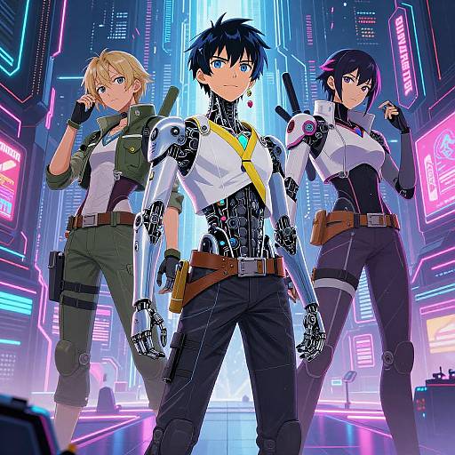 Anime-style digital illustration of three cybernetic warriors in a neon-lit futuristic city. Central character with black hair, surrounded by blonde and blue-haired
