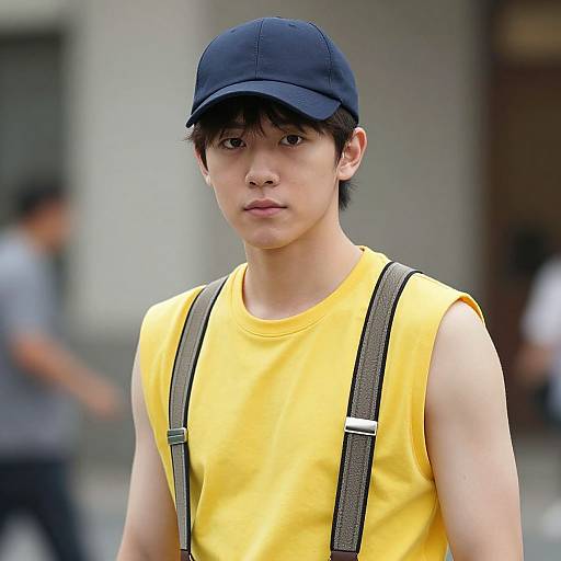 Photograph of a young Asian man with short black hair, wearing a black cap, yellow sleeveless shirt, and gray suspenders, standing outdoors with