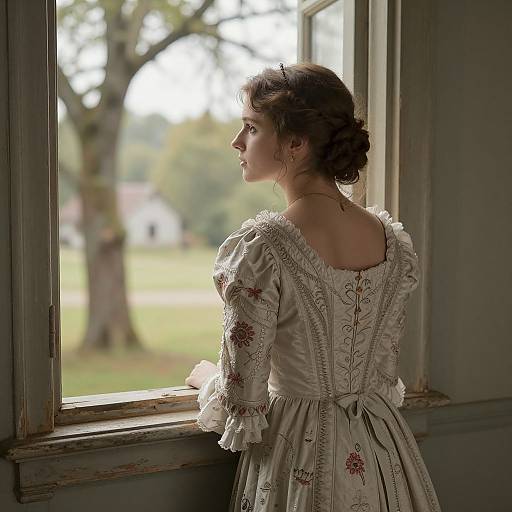 Photograph of a woman in a white, Victorian-style dress with intricate embroidery, gazing out a sunlit window, soft light illuminating her profile